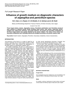 Influence of Growth Medium on Diagnostic Characters of Aspergillus and Penicillium Species