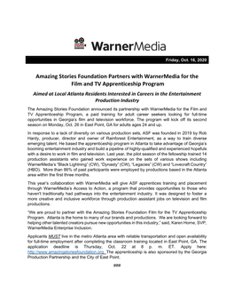 Amazing Stories Foundation Partners with Warnermedia for the Film and TV Apprenticeship Program