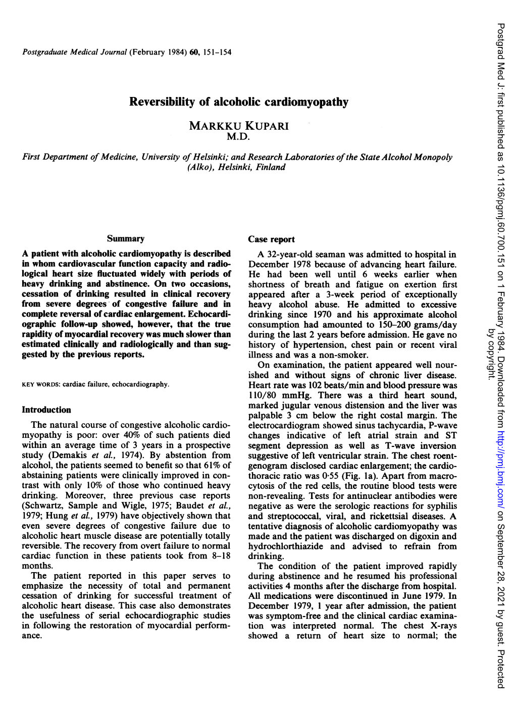 Reversibility of Alcoholic Cardiomyopathy MARKKU KUPARI M.D