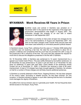 MYANMAR: Monk Receives 68 Years in Prison
