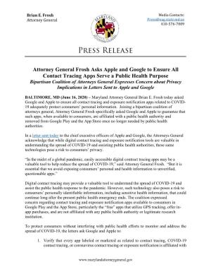 Attorney General Frosh Asks Apple and Google to Ensure All Contact