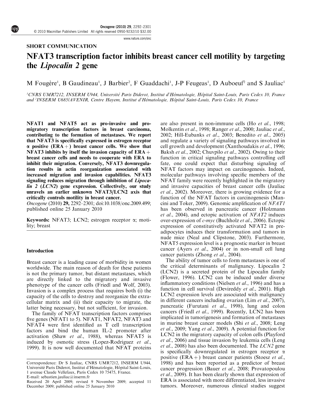 NFAT3 Transcription Factor Inhibits Breast Cancer Cell Motility by Targeting the Lipocalin 2 Gene