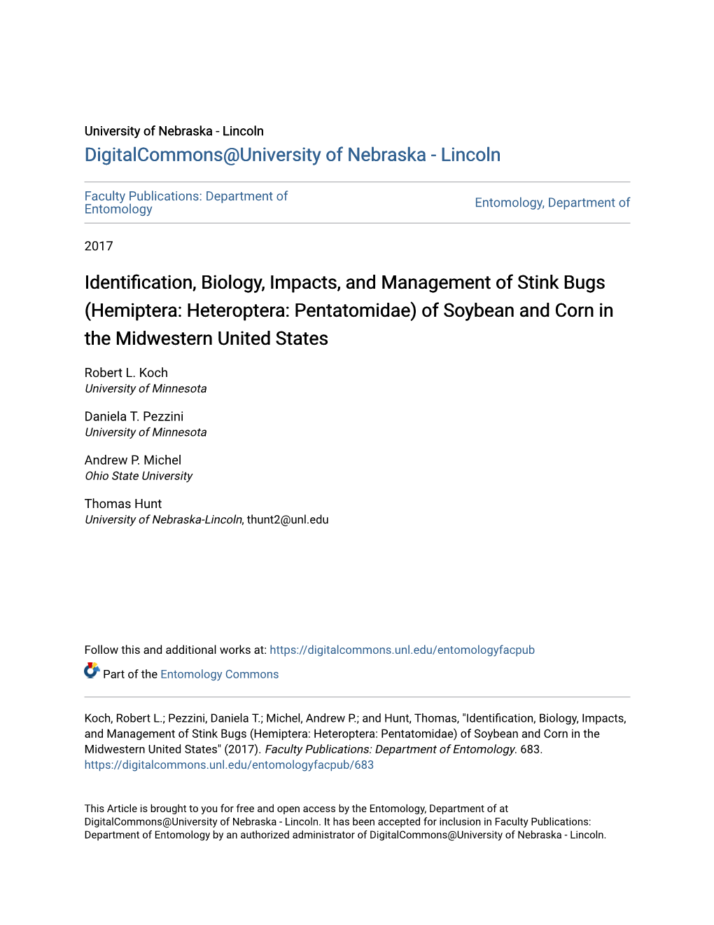 Identification, Biology, Impacts, and Management of Stink Bugs (Hemiptera: Heteroptera: Pentatomidae) of Soybean and Corn in the Midwestern United States