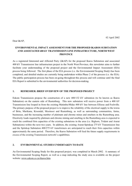 ENVIRONMENTAL IMPACT ASSESSMENT for the PROPOSED IKAROS SUBSTATION and ASSOCIATED 400 Kv TRANSMISSION LINE INFRASTRUCTURE, NORTH WEST PROVINCE