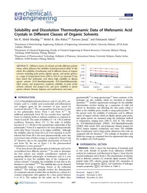 Solubility and Dissolution Thermodynamic Data of Mefenamic Acid Crystals in Different Classes of Organic Solvents