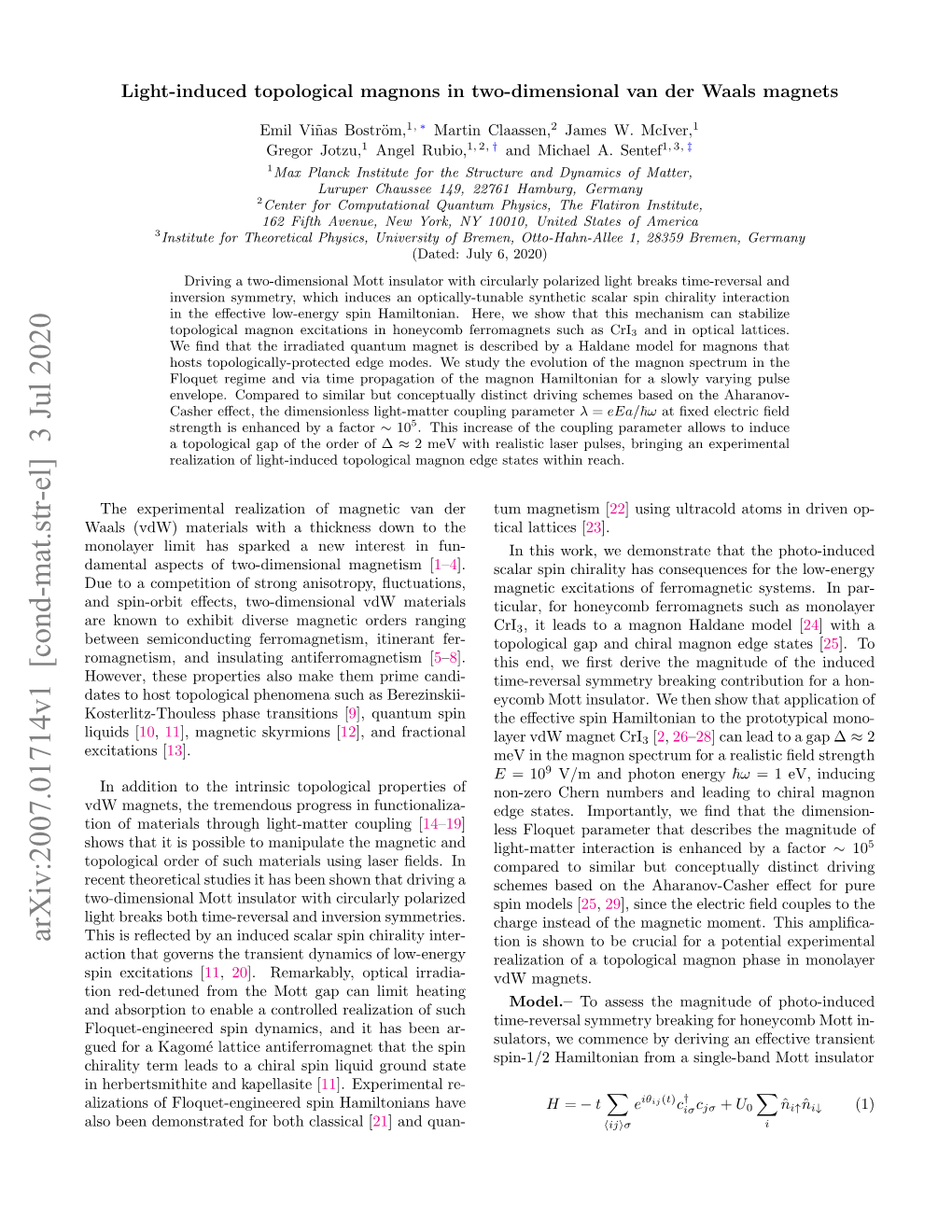 Arxiv:2007.01714V1 [Cond-Mat.Str-El] 3 Jul 2020