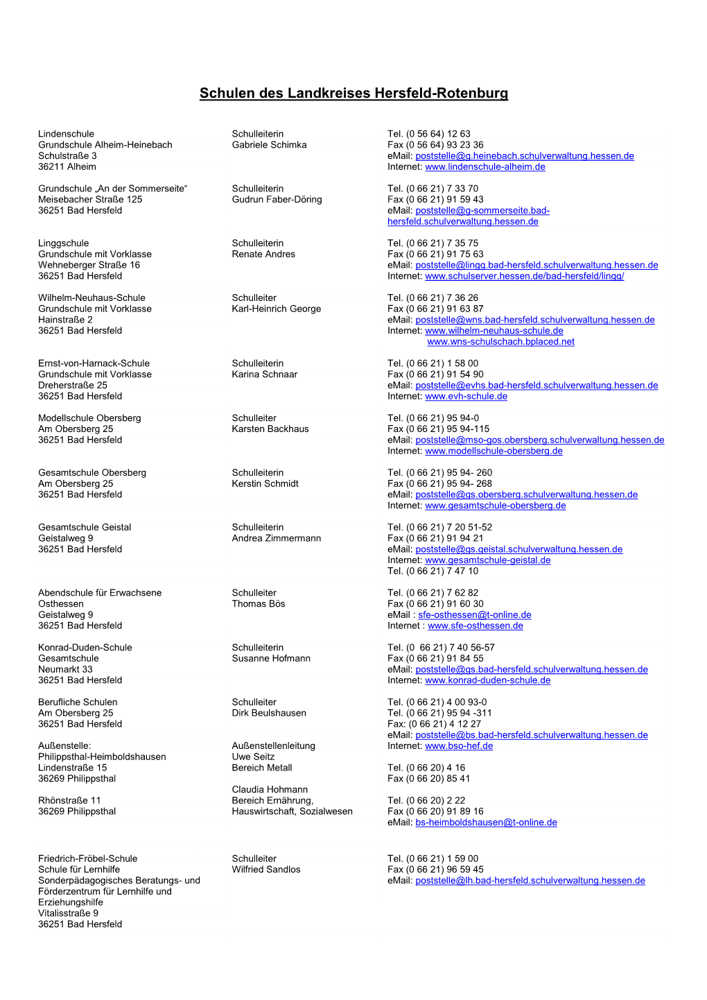 Adressenliste Der Schulen Im Landkreis Hersfeld-Rotenburg