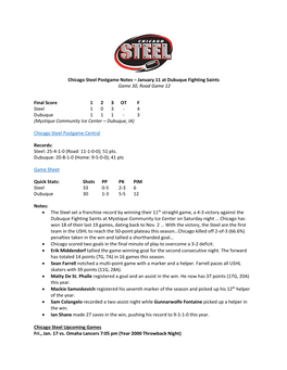 Chicago Steel Postgame Notes – January 11 at Dubuque Fighting Saints Game 30, Road Game 12