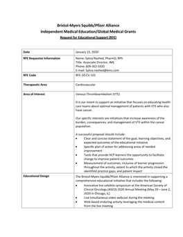 Bristol-Myers Squibb/Pfizer Alliance Independent Medical Education/Global Medical Grants Request for Educational Support (RFE)