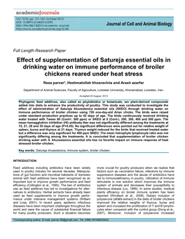 Effect of Supplementation of Satureja Essential Oils in Drinking Water on Immune Performance of Broiler Chickens Reared Under Heat Stress