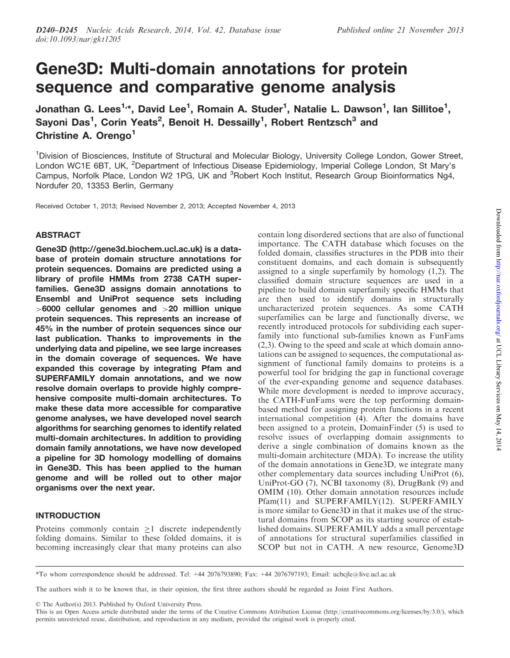 Gene3d: Multi-Domain Annotations for Protein Sequence and Comparative Genome Analysis Jonathan G