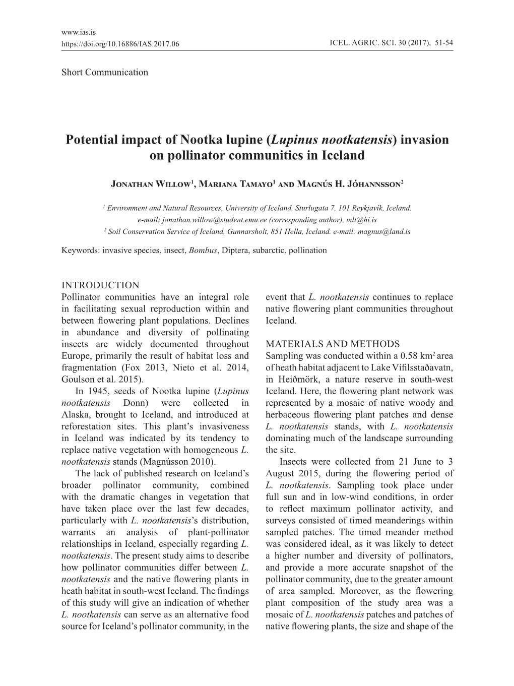 (Lupinus Nootkatensis) Invasion on Pollinator Communities in Iceland