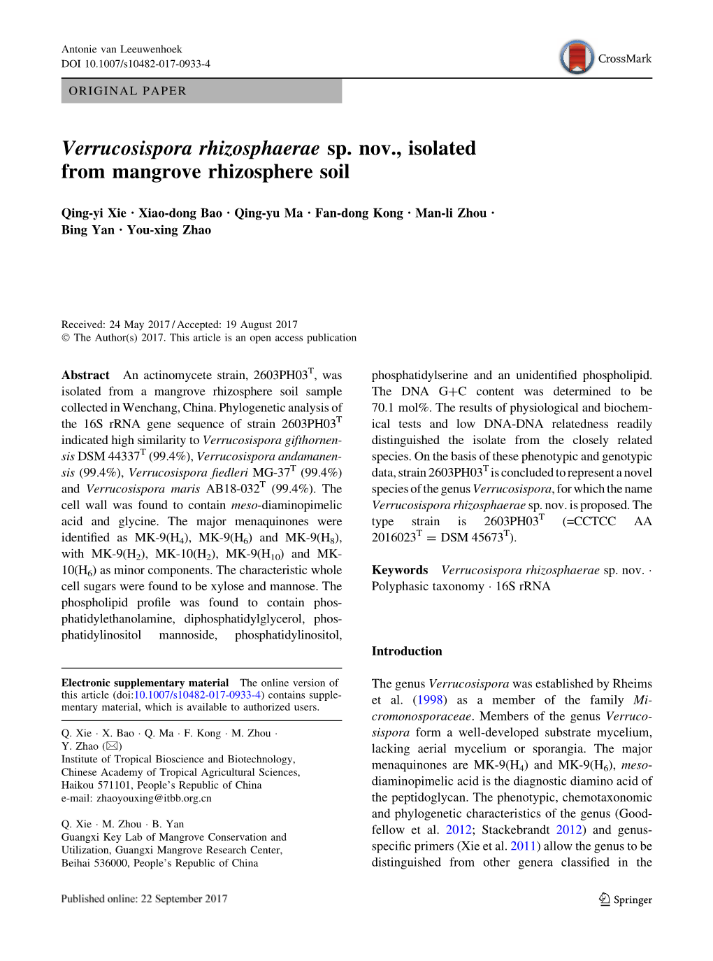 Verrucosispora Rhizosphaerae Sp. Nov., Isolated from Mangrove Rhizosphere Soil