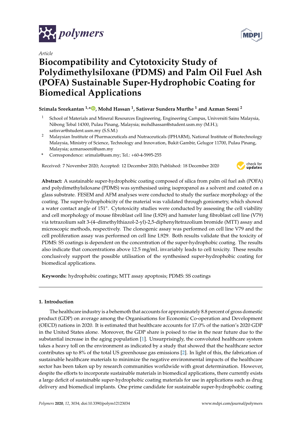 PDMS) and Palm Oil Fuel Ash (POFA) Sustainable Super-Hydrophobic Coating for Biomedical Applications