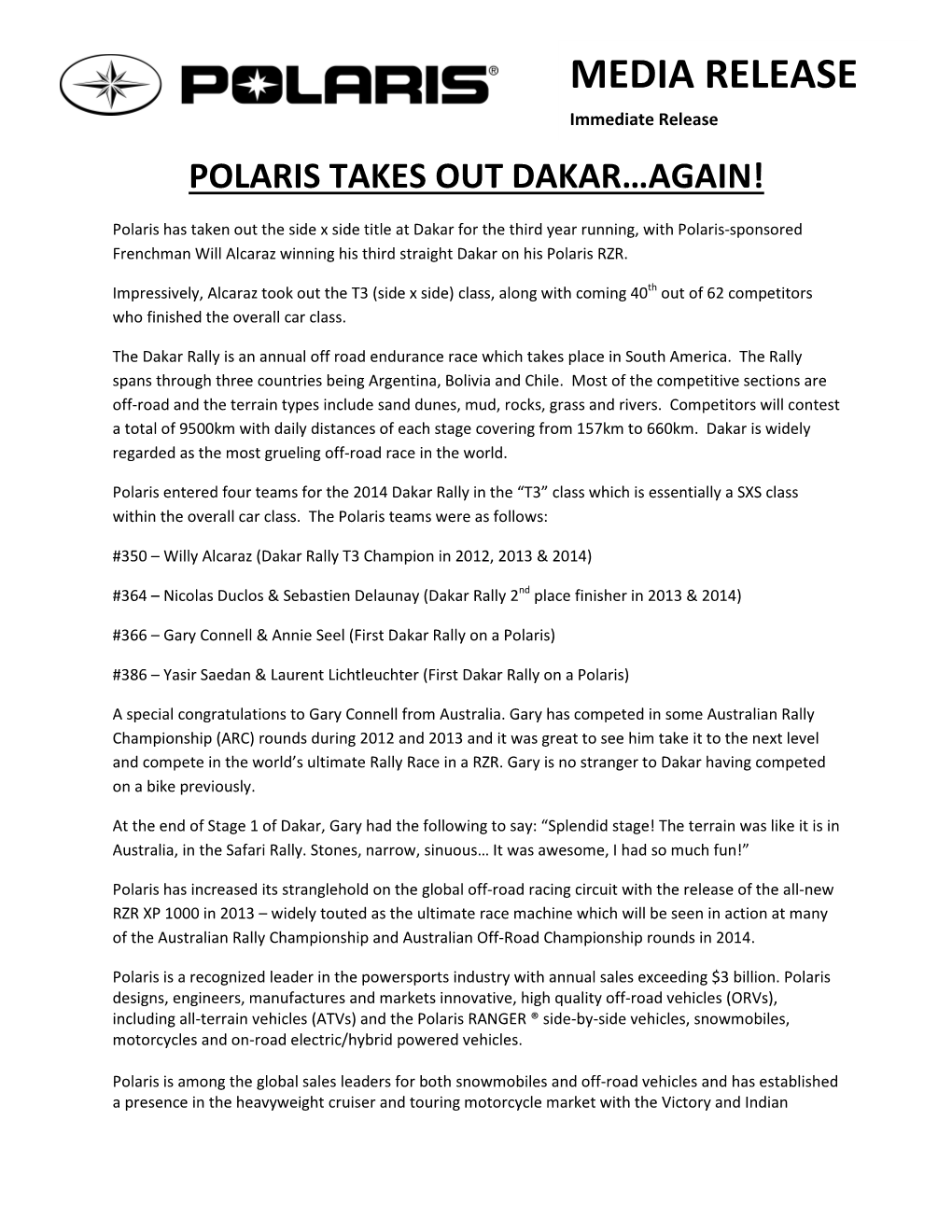 Polaris Takes out Dakar Again