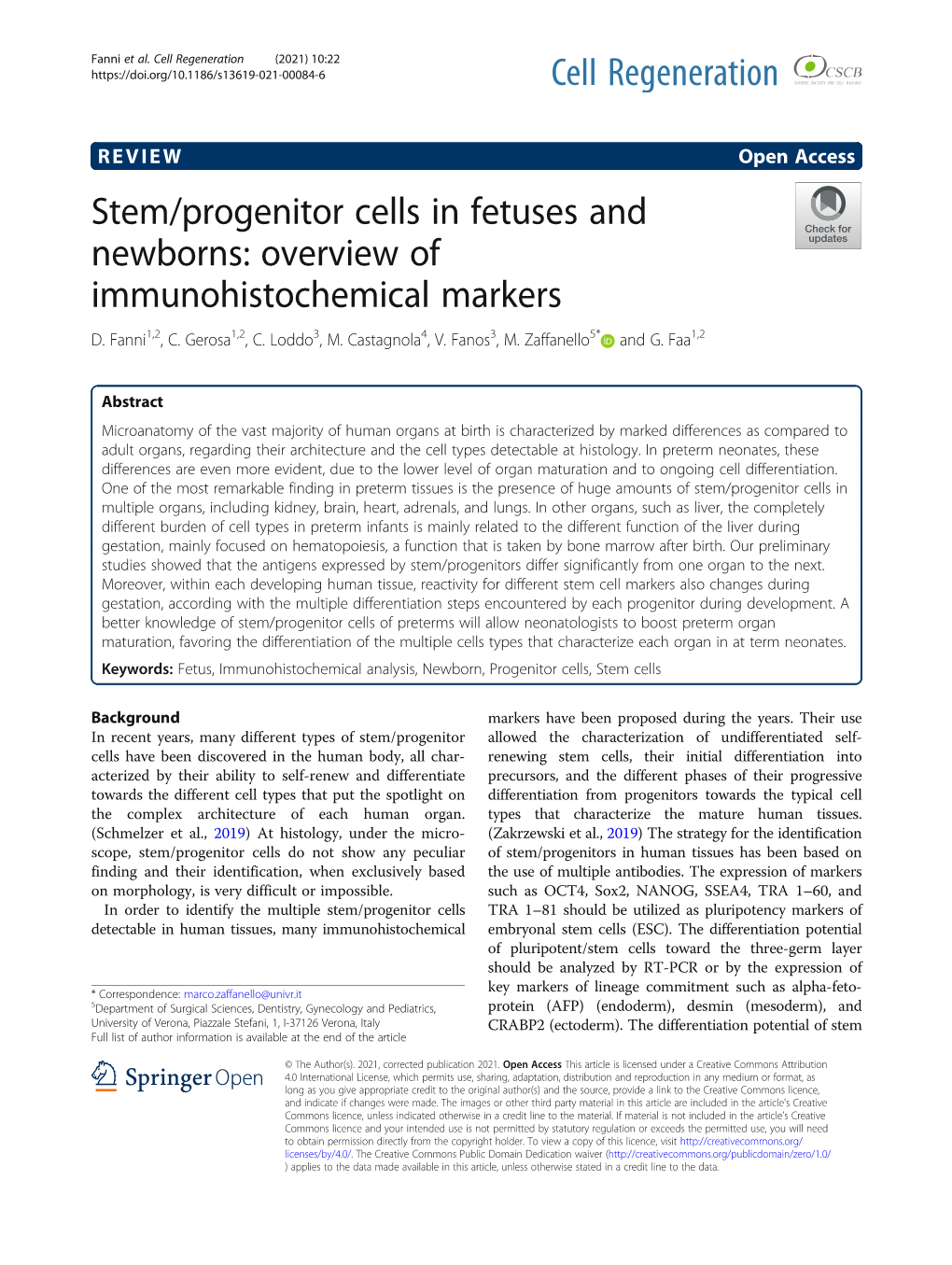 Stem/Progenitor Cells in Fetuses and Newborns: Overview of Immunohistochemical Markers D