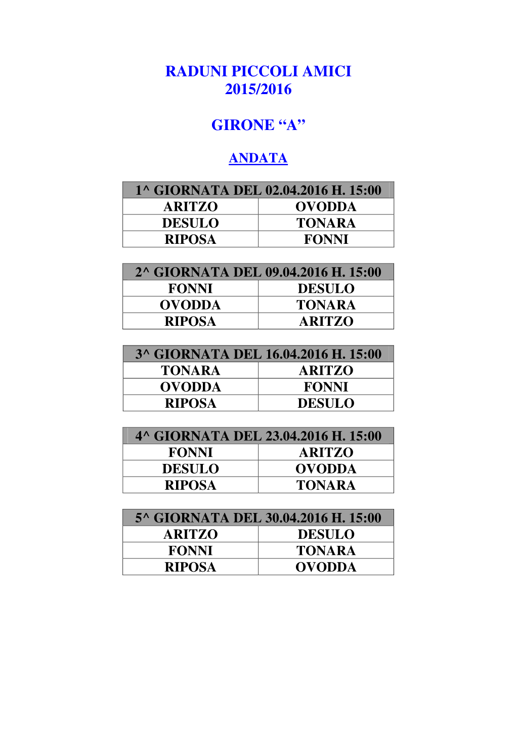 Raduni Piccoli Amici 2015/2016 Girone