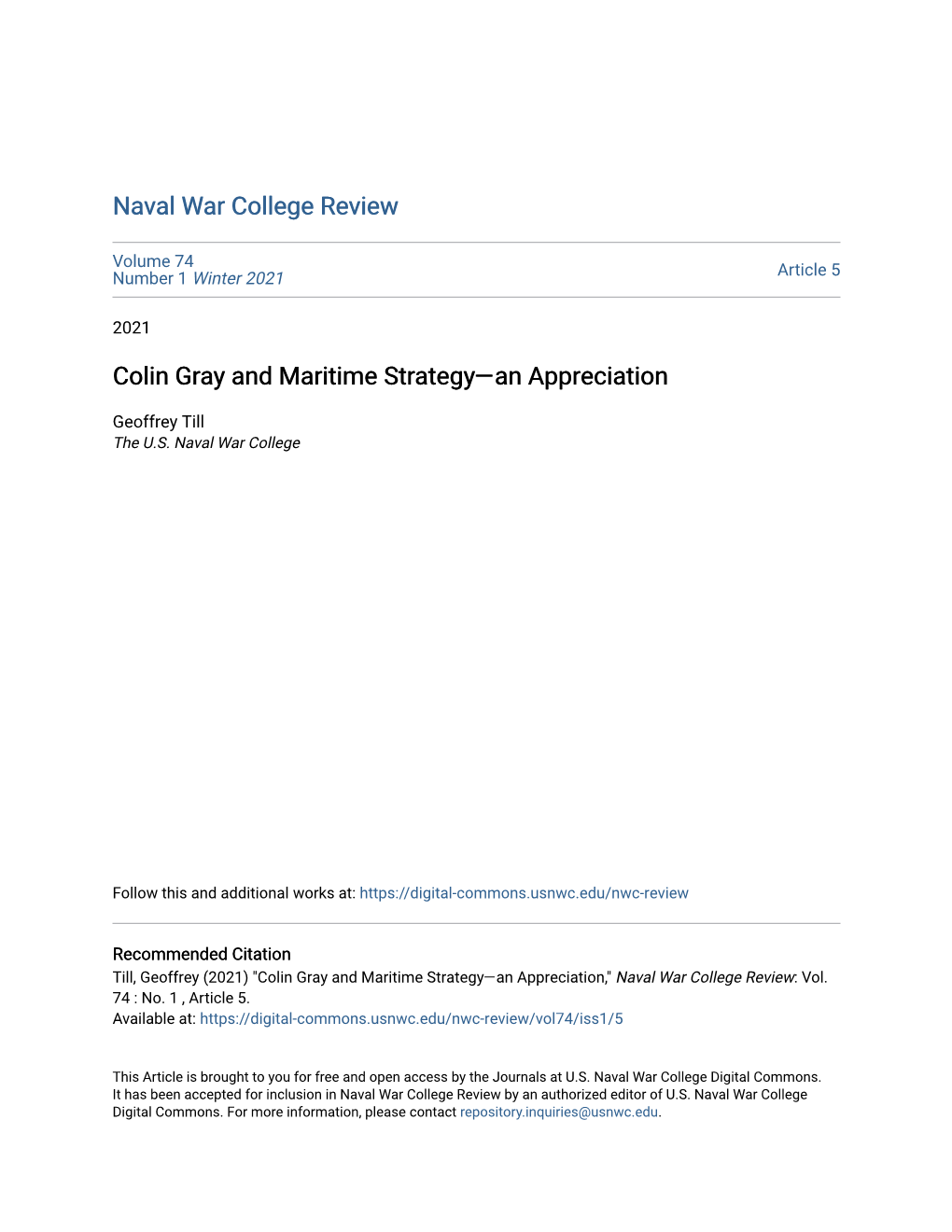 Colin Gray and Maritime Strategy—An Appreciation