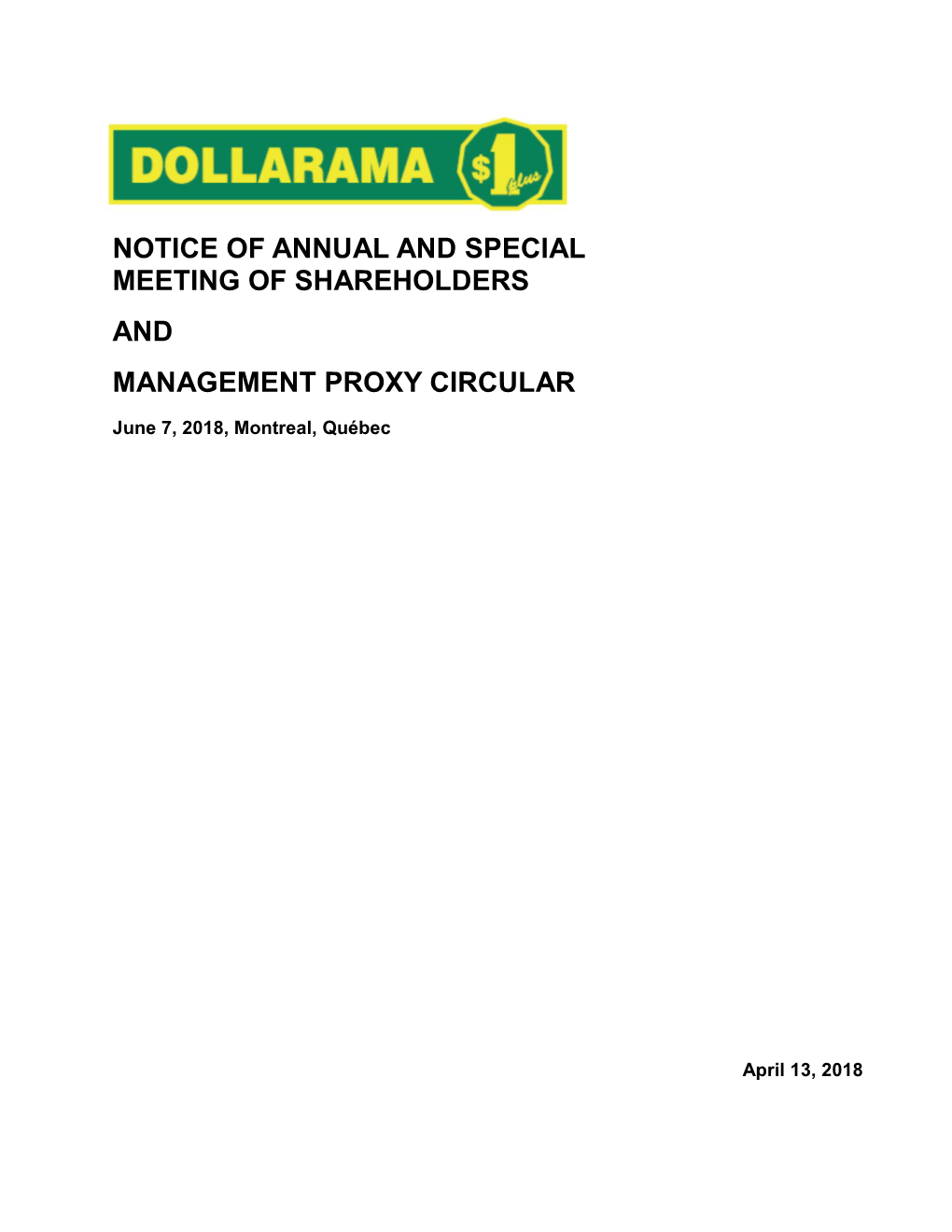 Notice of Annual and Special Meeting of Shareholders and Management Proxy Circular