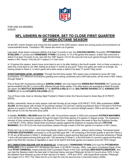 Nfl Ushers in October, Set to Close First Quarter of High-Octane Season