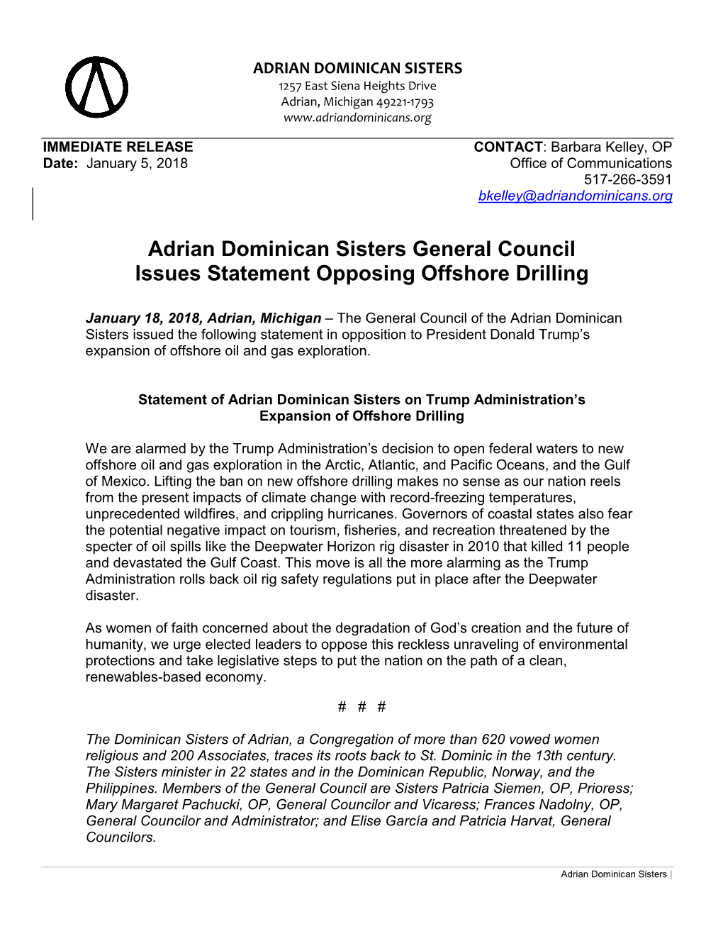 Adrian Dominican Sisters General Council Issues Statement Opposing Offshore Drilling