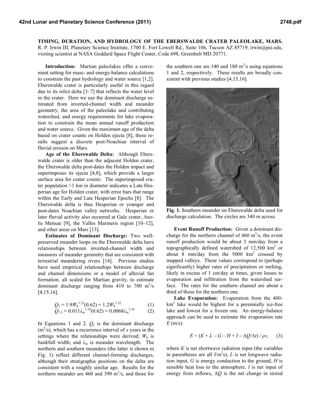 Timing, Duration, and Hydrology of the Eberswalde Crater Paleolake, Mars