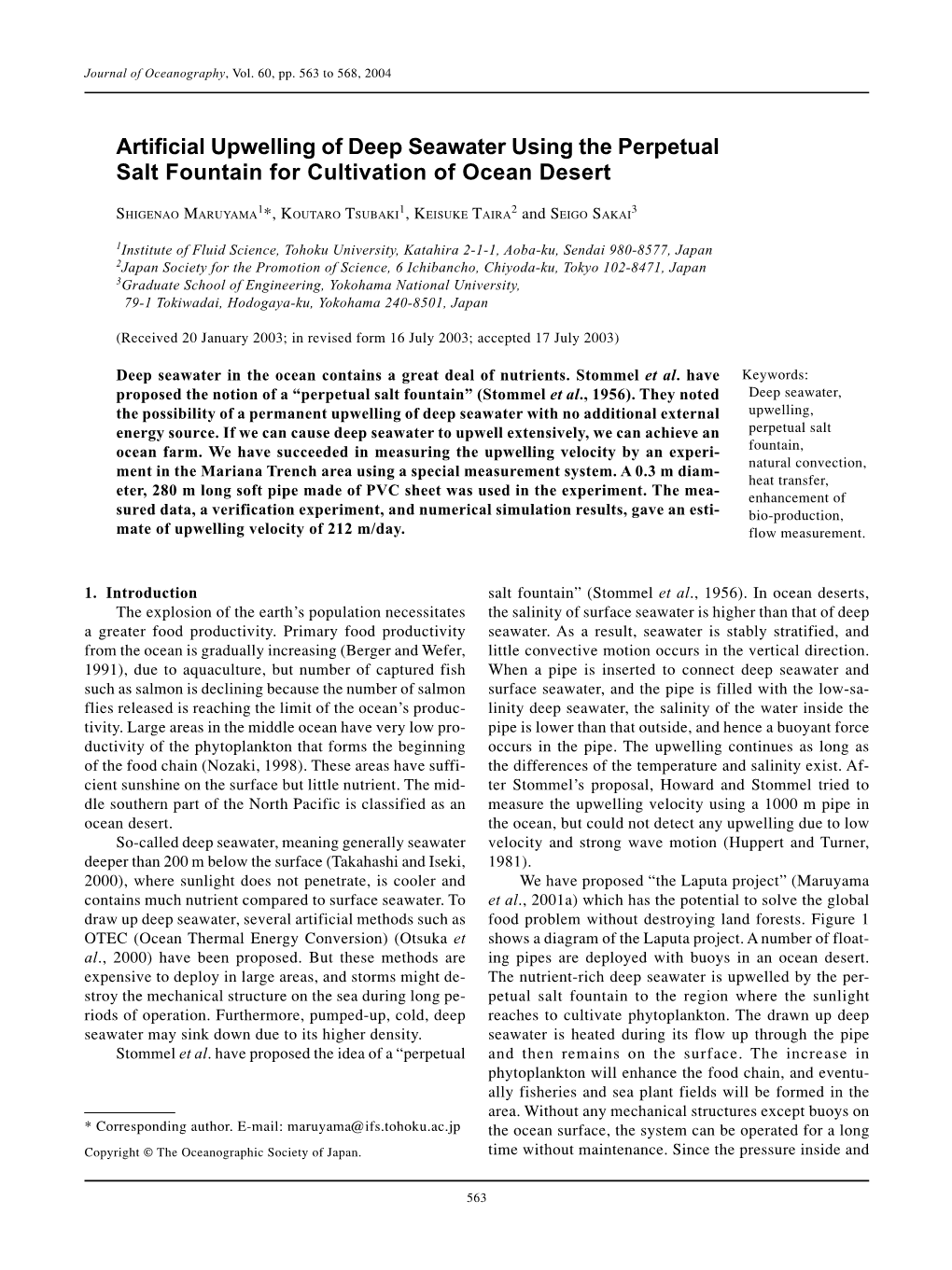 Artificial Upwelling of Deep Seawater Using the Perpetual Salt Fountain for Cultivation of Ocean Desert