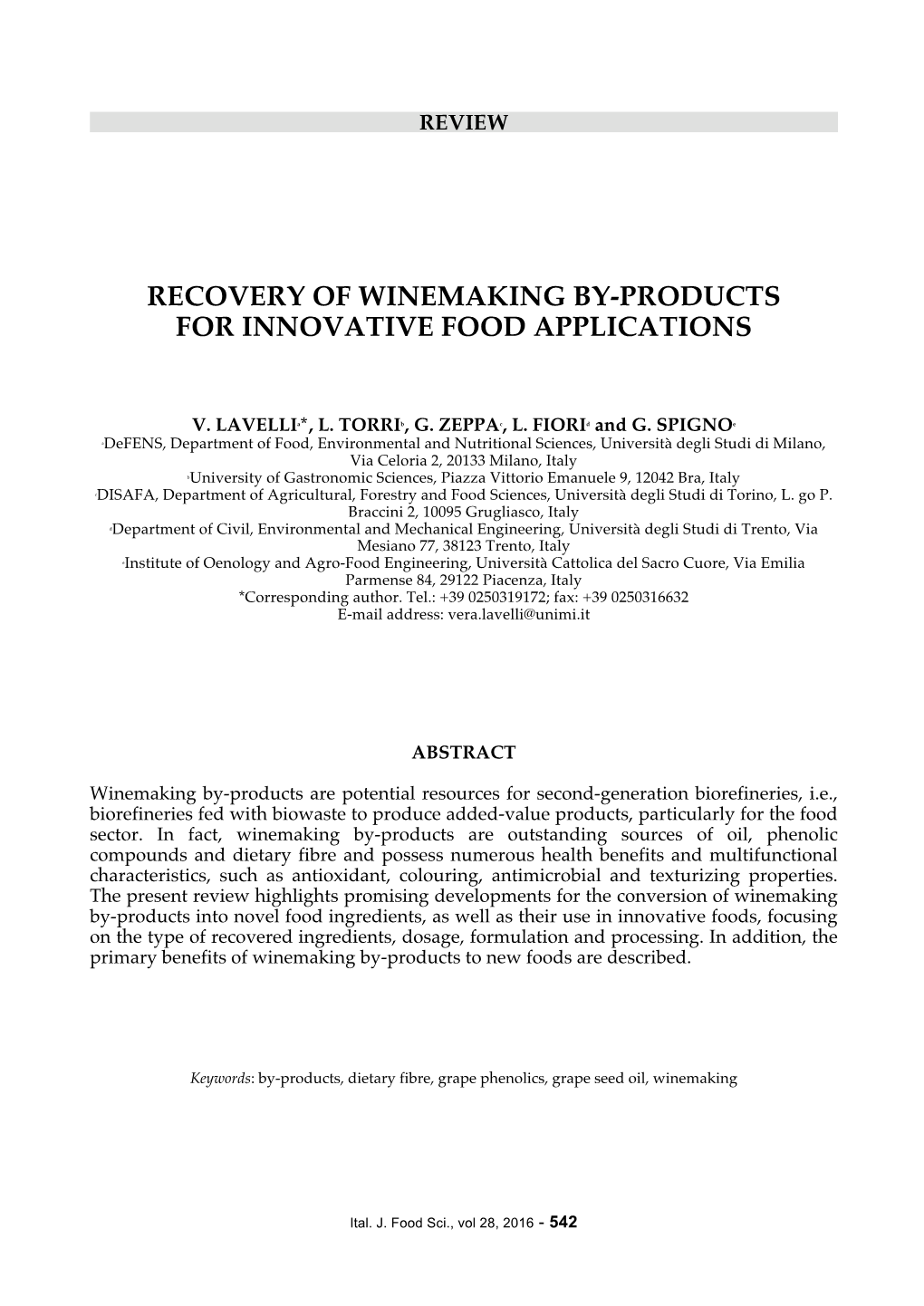 Recovery of Winemaking By-Products for Innovative Food Applications
