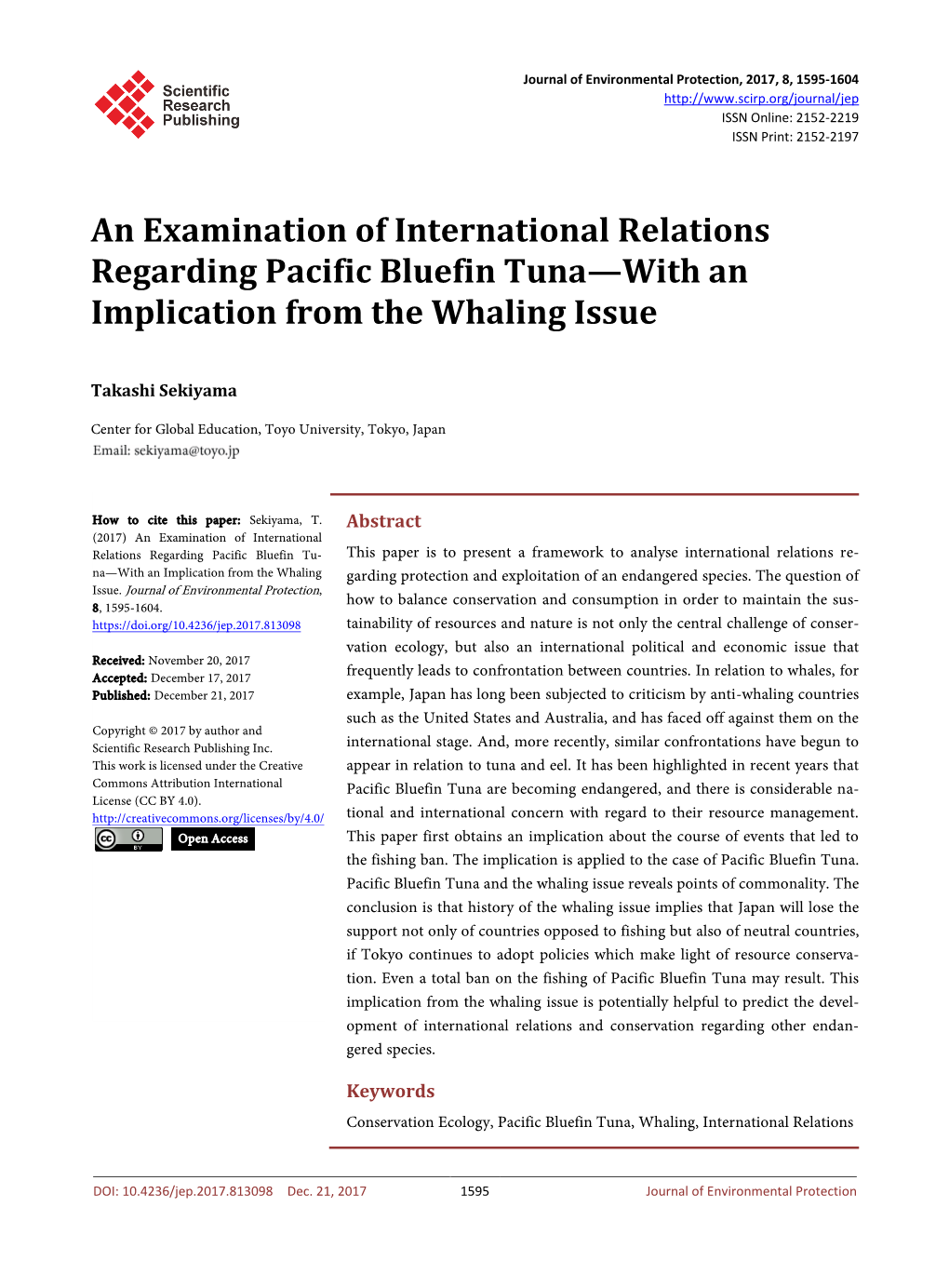 An Examination of International Relations Regarding Pacific Bluefin Tuna—With an Implication from the Whaling Issue