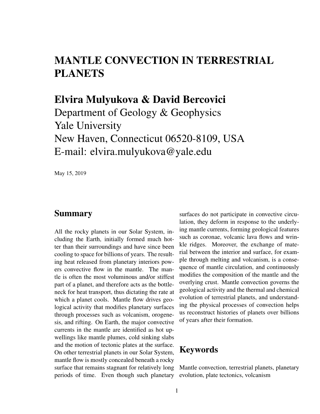 Mantle Convection in Terrestrial Planets