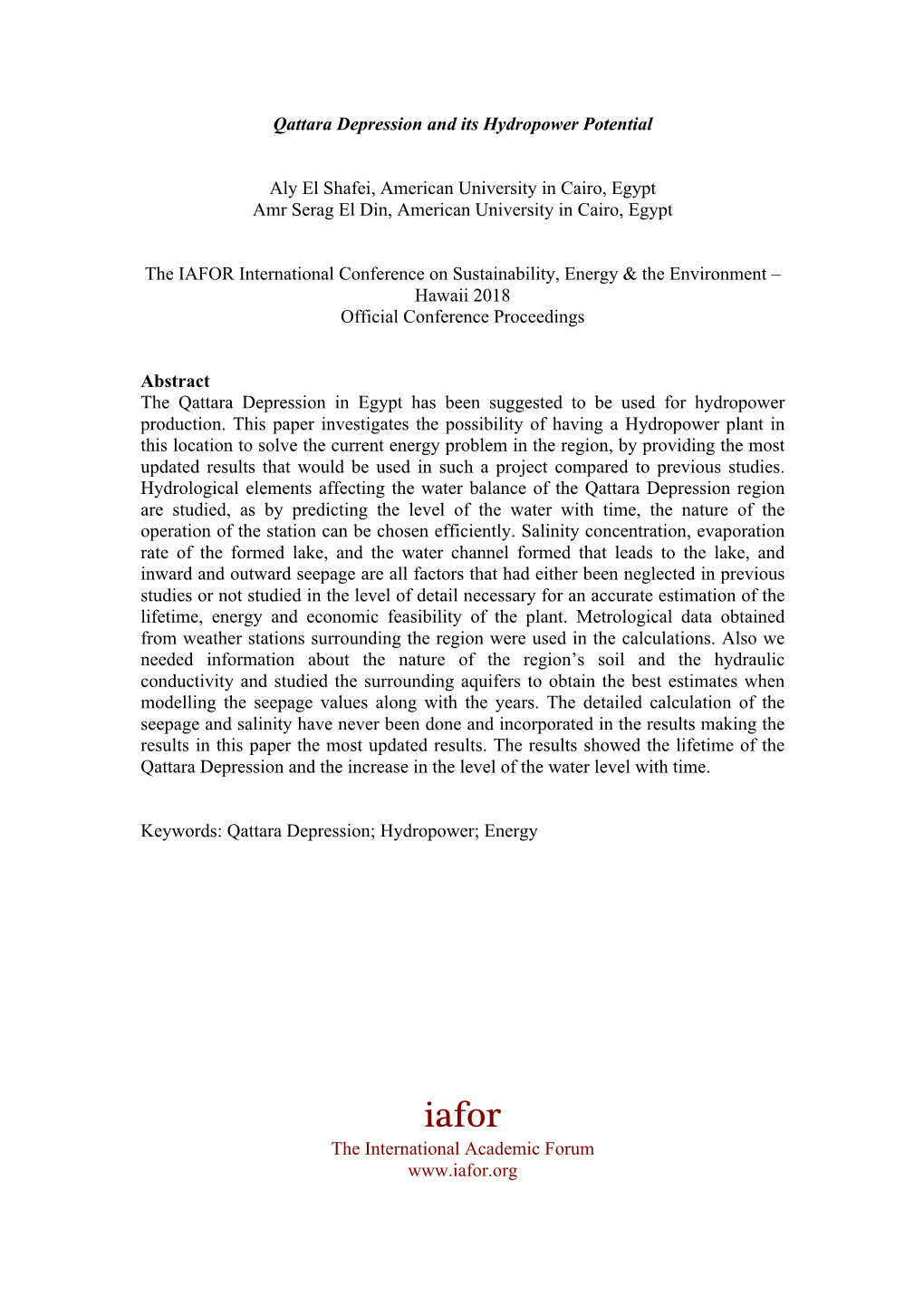 Qattara Depression and Its Hydropower Potential Aly El Shafei