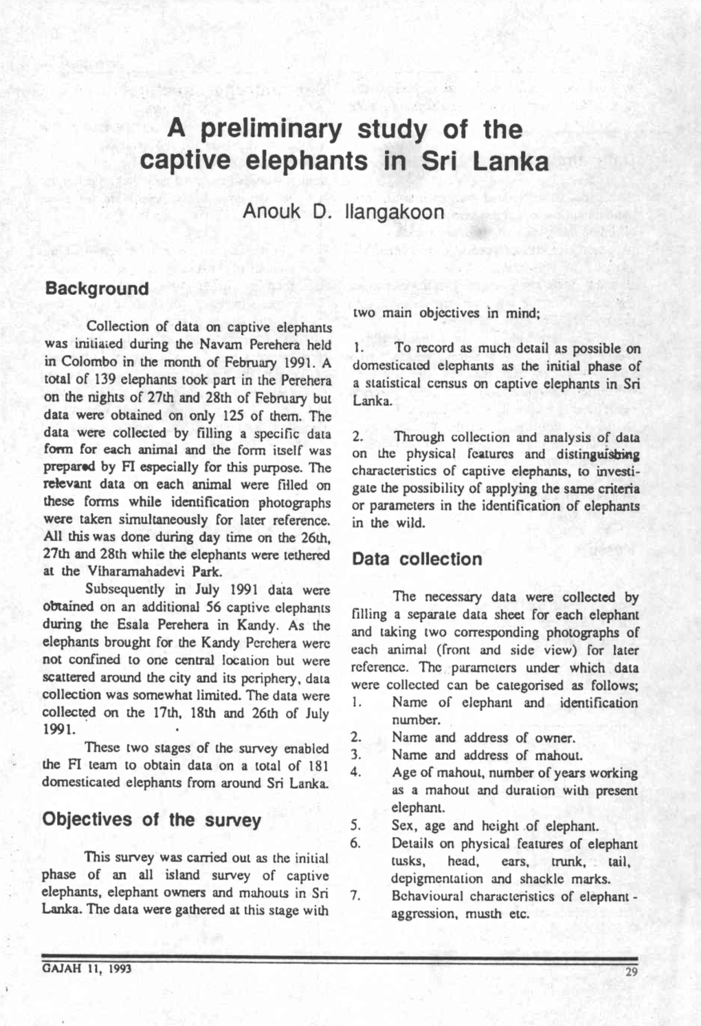 A Preliminary Study of the Captive Elephants in Sri Lanka