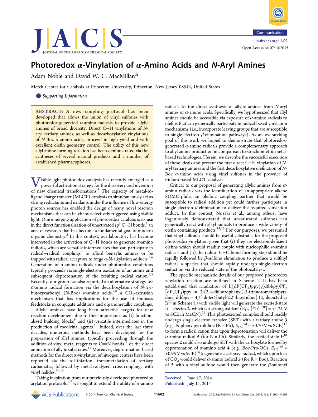 Photoredox Α‑Vinylation of Α‑Amino Acids and N‑Aryl Amines Adam Noble and David W