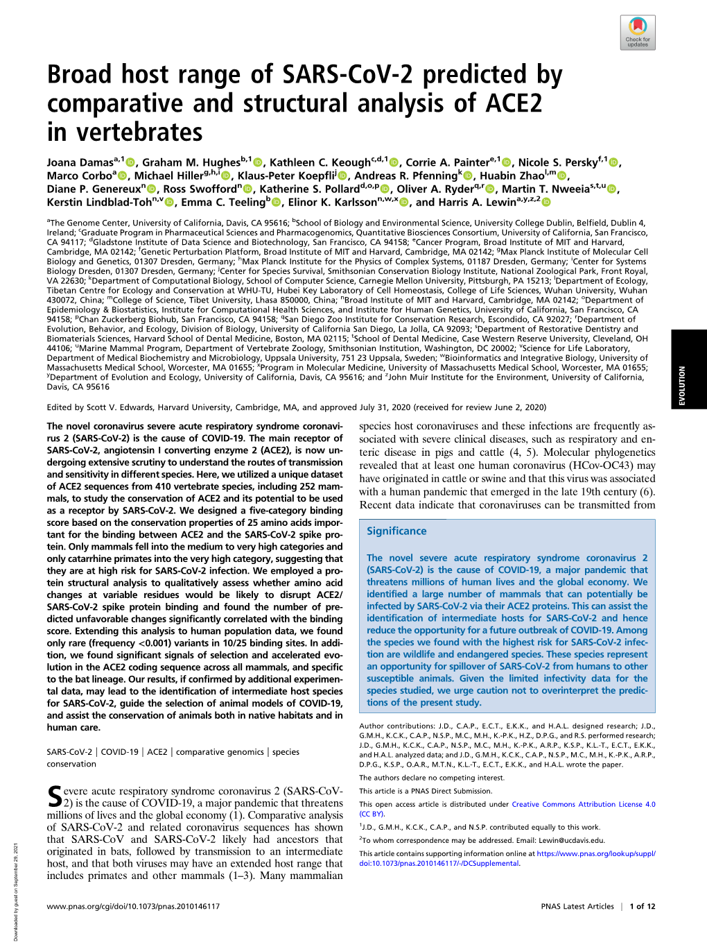 Broad Host Range of SARS-Cov-2 Predicted by Comparative and Structural Analysis of ACE2 in Vertebrates