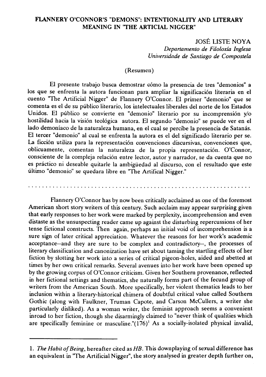 Flannery O' Connors's Demonds. Intentionality and Literary Meaning