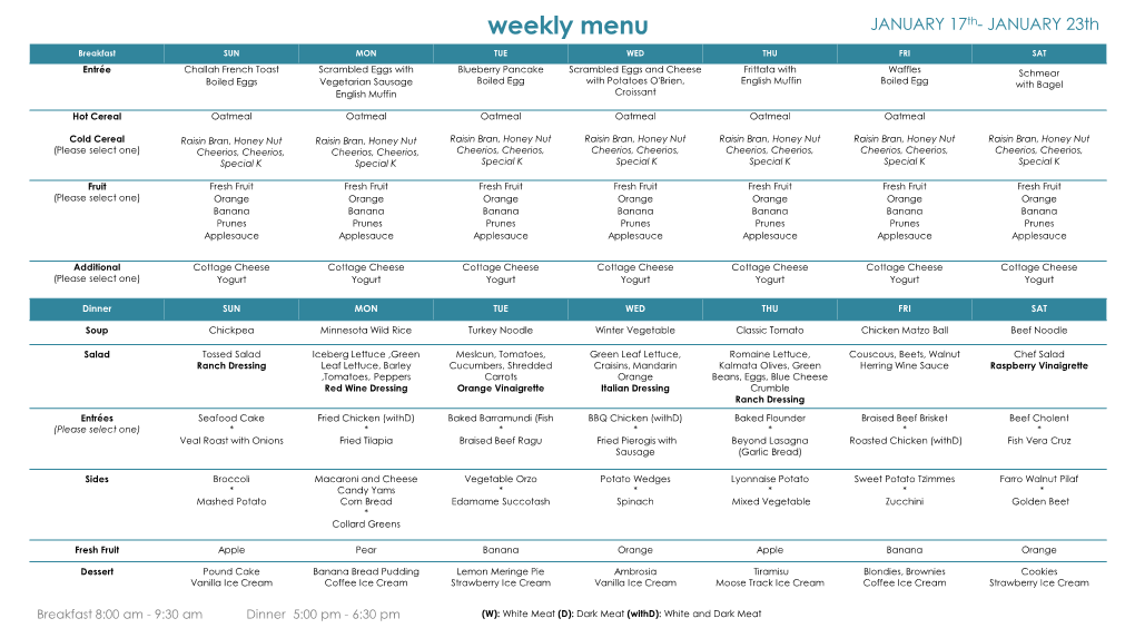 Weekly Menu JANUARY 17Th- JANUARY 23Th