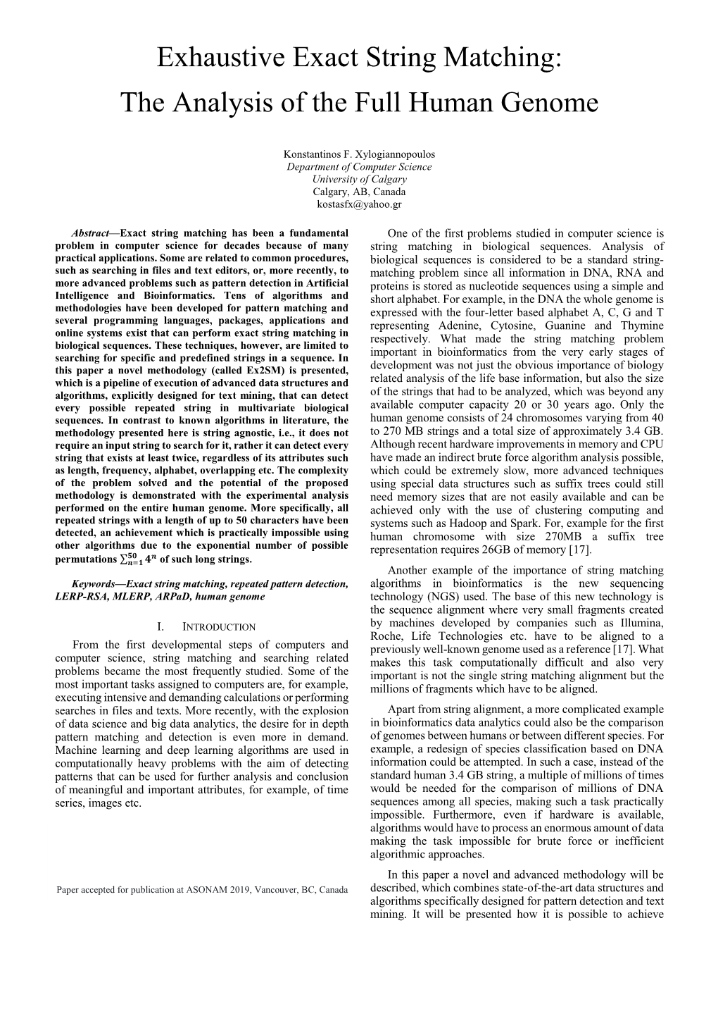 Exhaustive Exact String Matching: the Analysis of the Full Human Genome