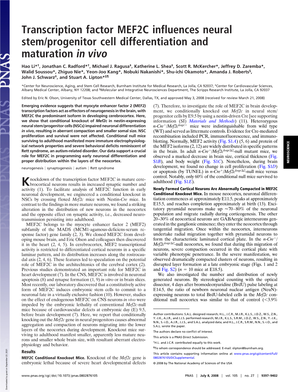 Transcription Factor MEF2C Influences Neural Stem/Progenitor Cell Differentiation and Maturation in Vivo