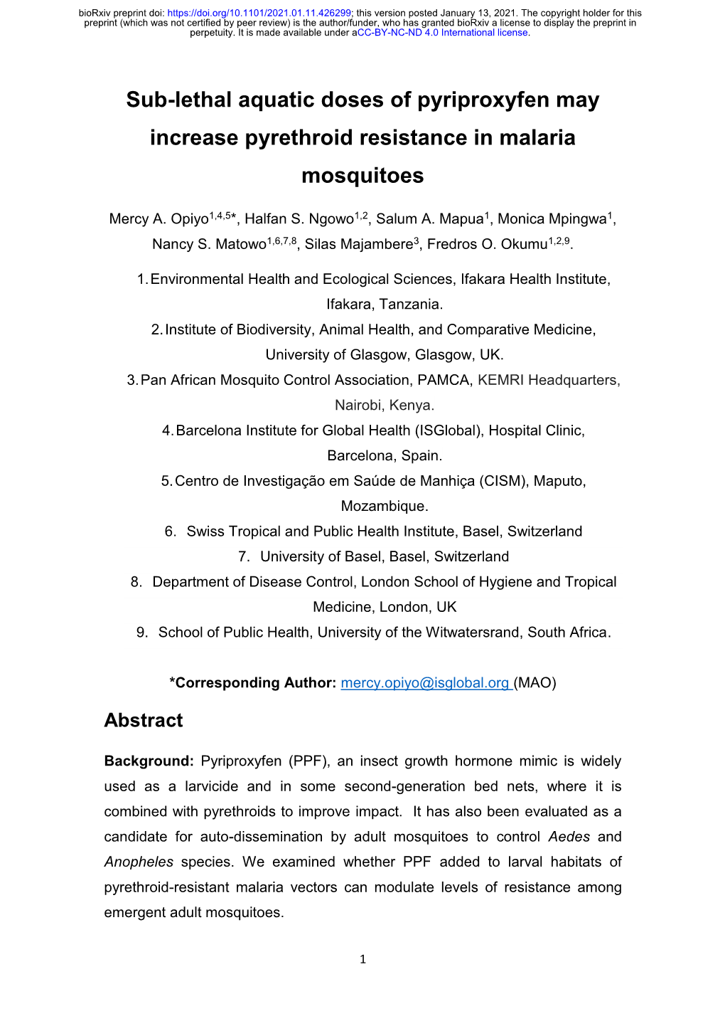 Sub-Lethal Aquatic Doses of Pyriproxyfen May Increase Pyrethroid Resistance in Malaria Mosquitoes