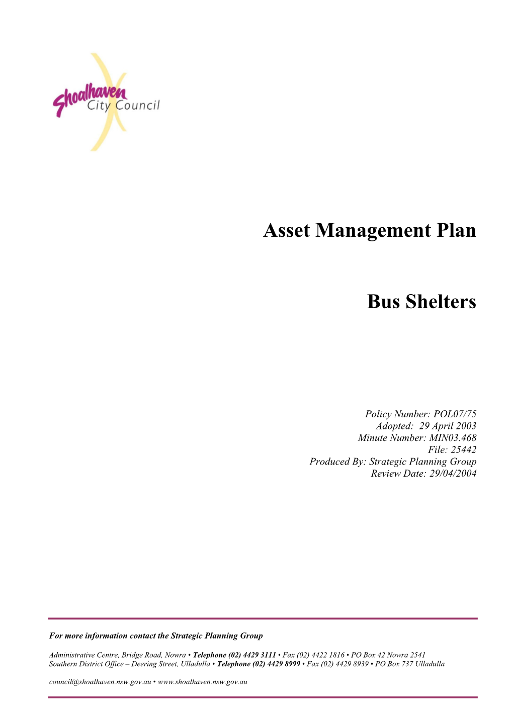 Asset Management Plan Bus Shelters