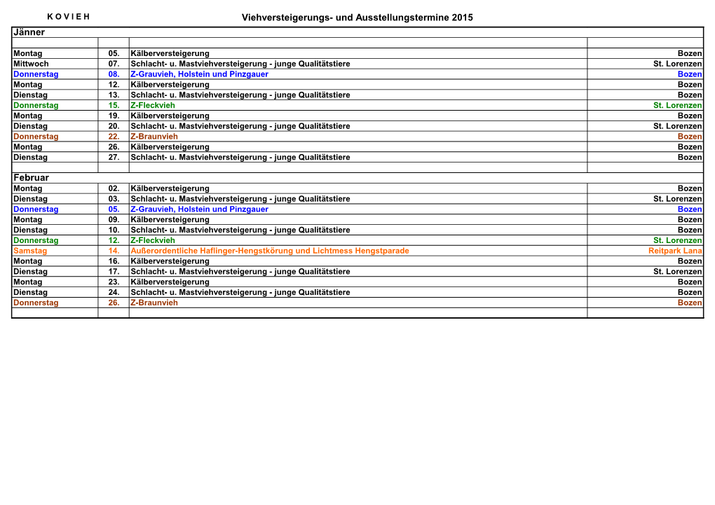 Viehversteigerungs- Und Ausstellungstermine 2015 Jänner