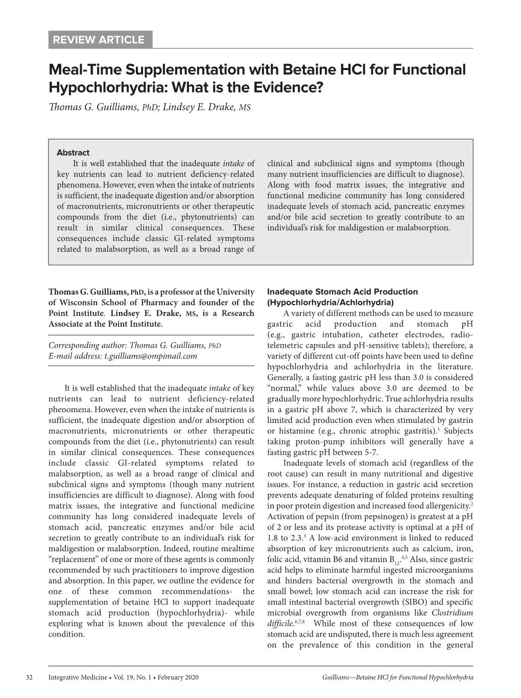 Meal-Time Supplementation with Betaine Hcl for Functional Hypochlorhydria: What Is the Evidence? Thomas G