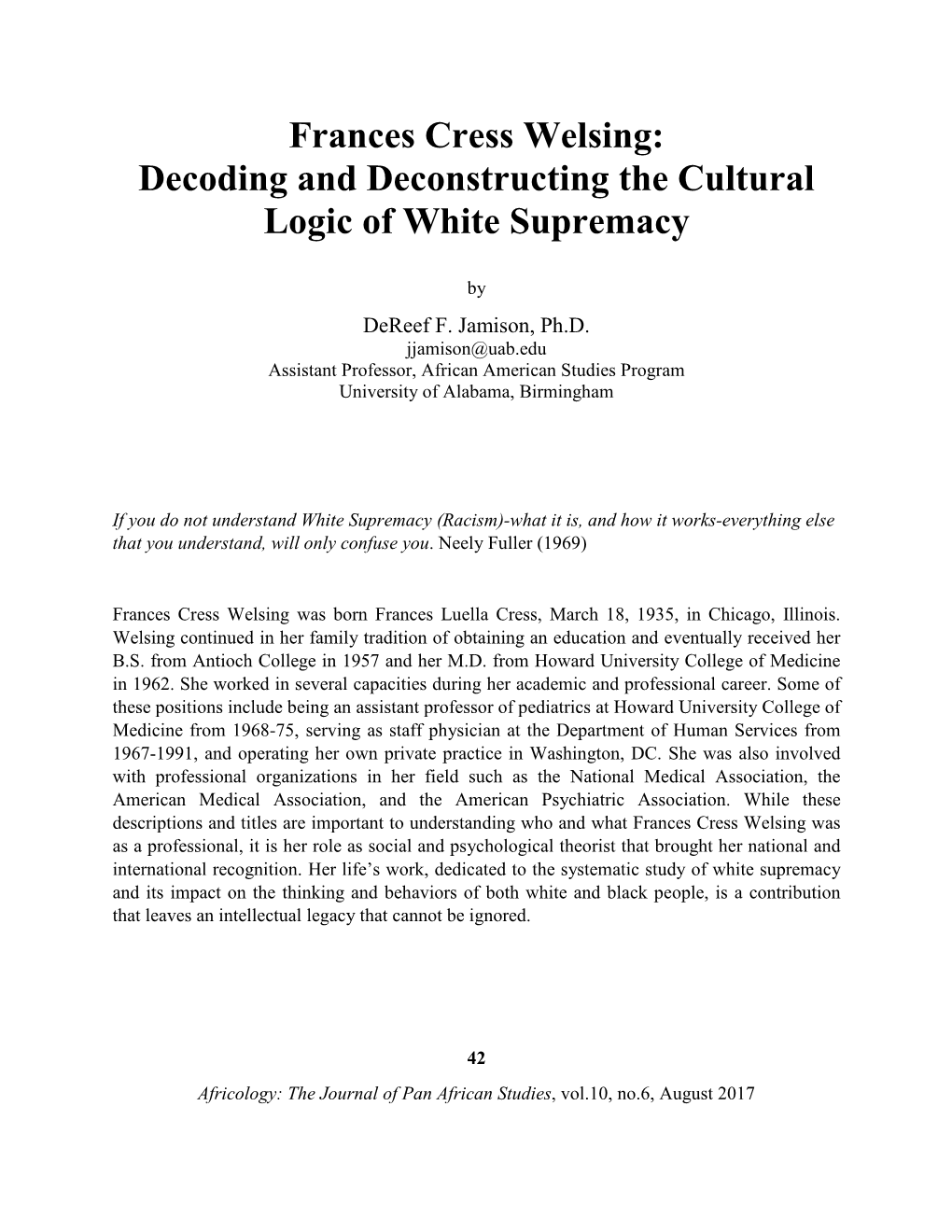 Frances Cress Welsing: Decoding and Deconstructing the Cultural Logic of White Supremacy