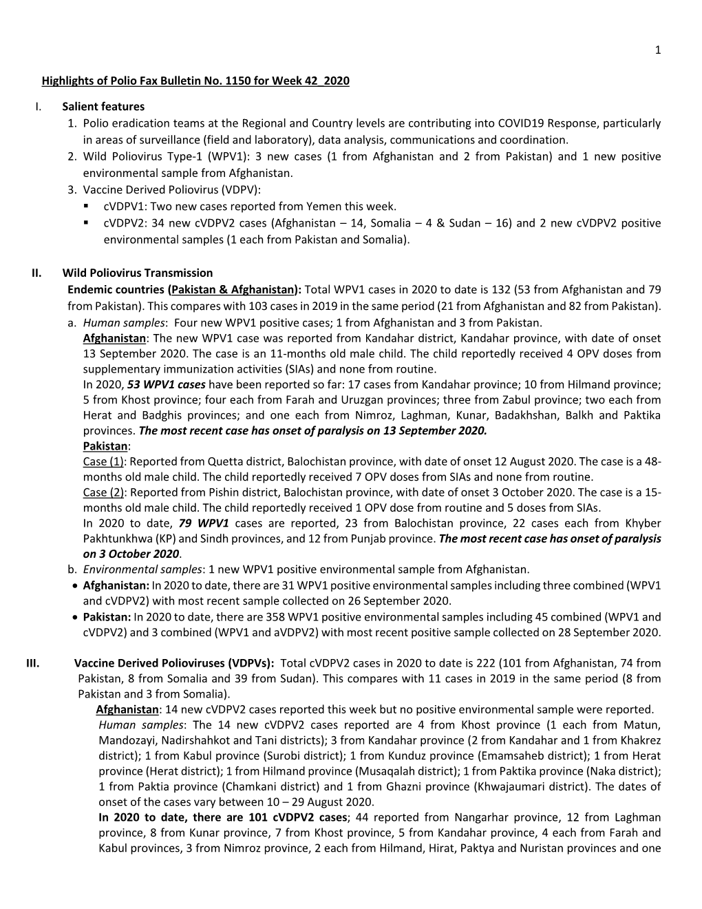 1 Highlights of Polio Fax Bulletin No. 1150 for Week 42 2020 I. Salient