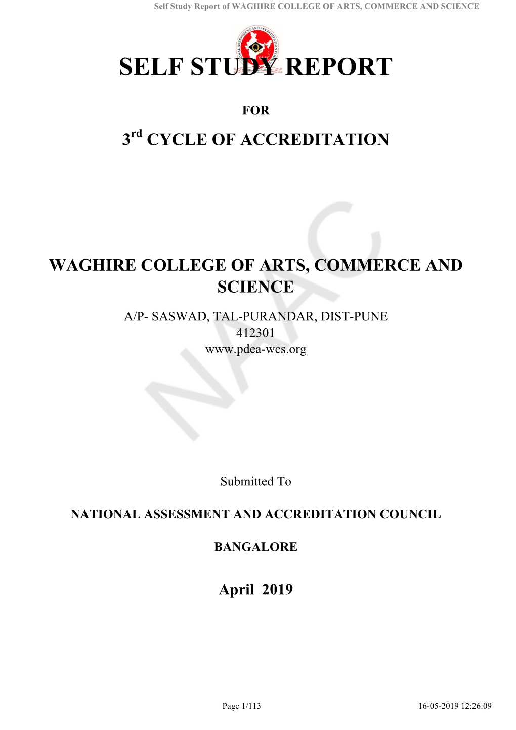 Self Study Report of WAGHIRE COLLEGE of ARTS, COMMERCE and SCIENCE