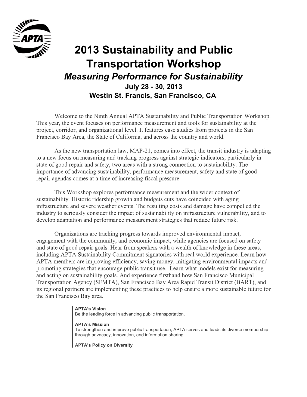 2013 Sustainability and Public Transportation Workshop