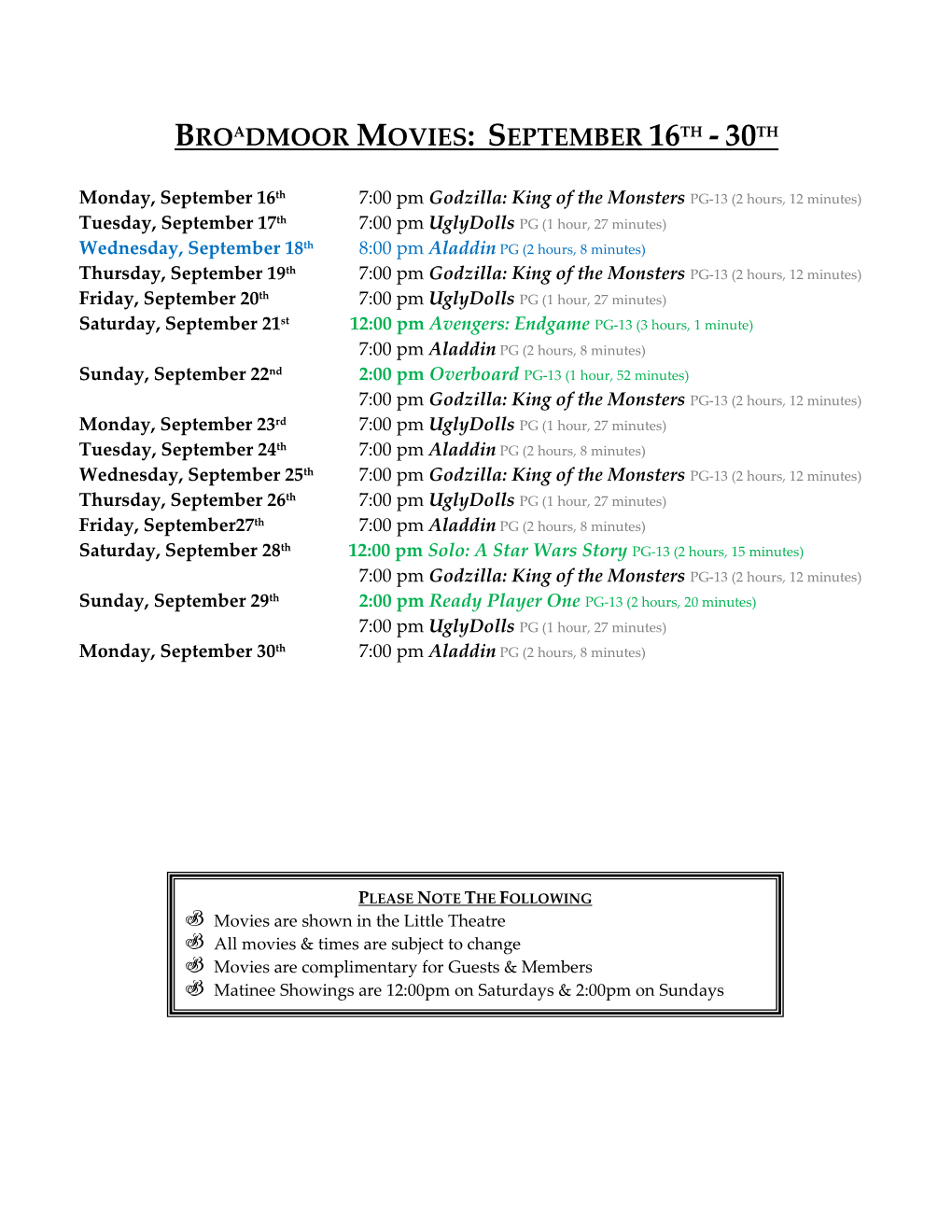 Broadmoor Movies: September 16Th - 30Th