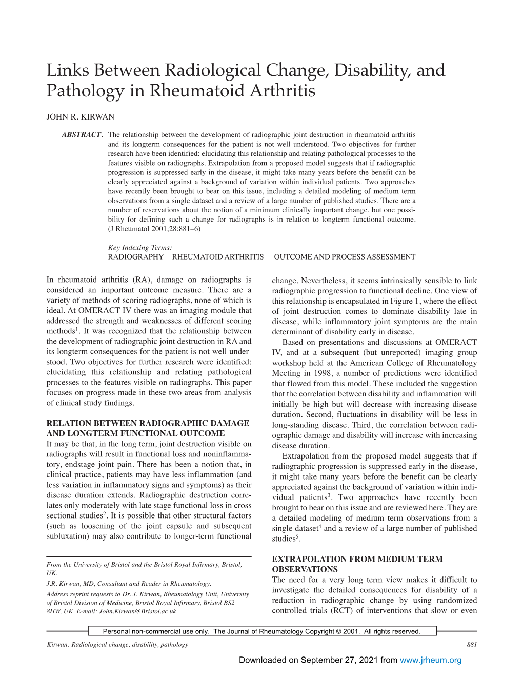 Links Between Radiological Change, Disability, and Pathology in Rheumatoid Arthritis