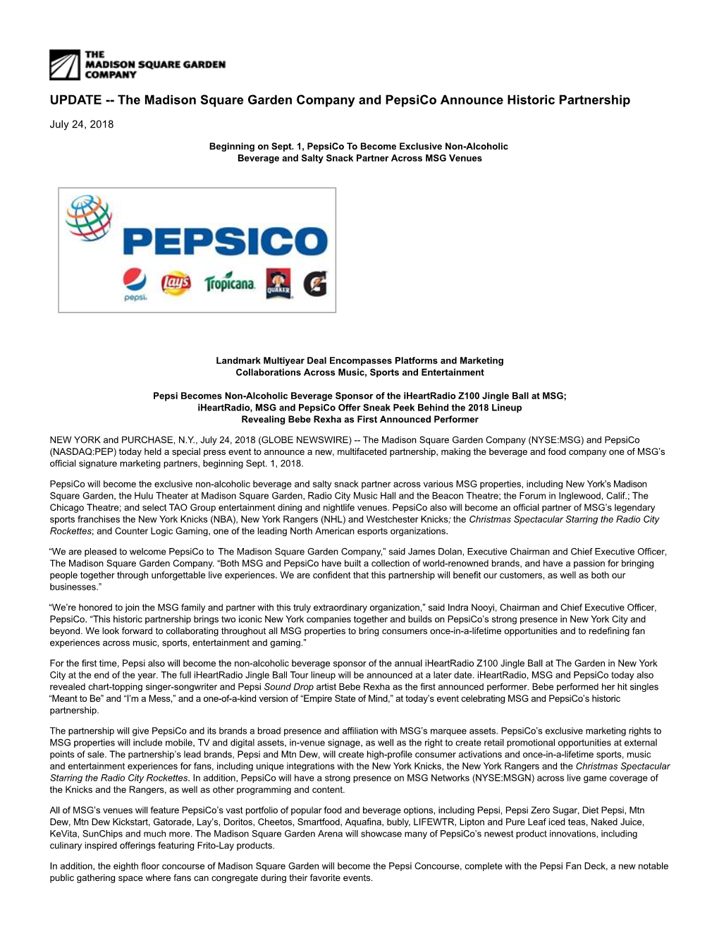 The Madison Square Garden Company and Pepsico Announce Historic Partnership