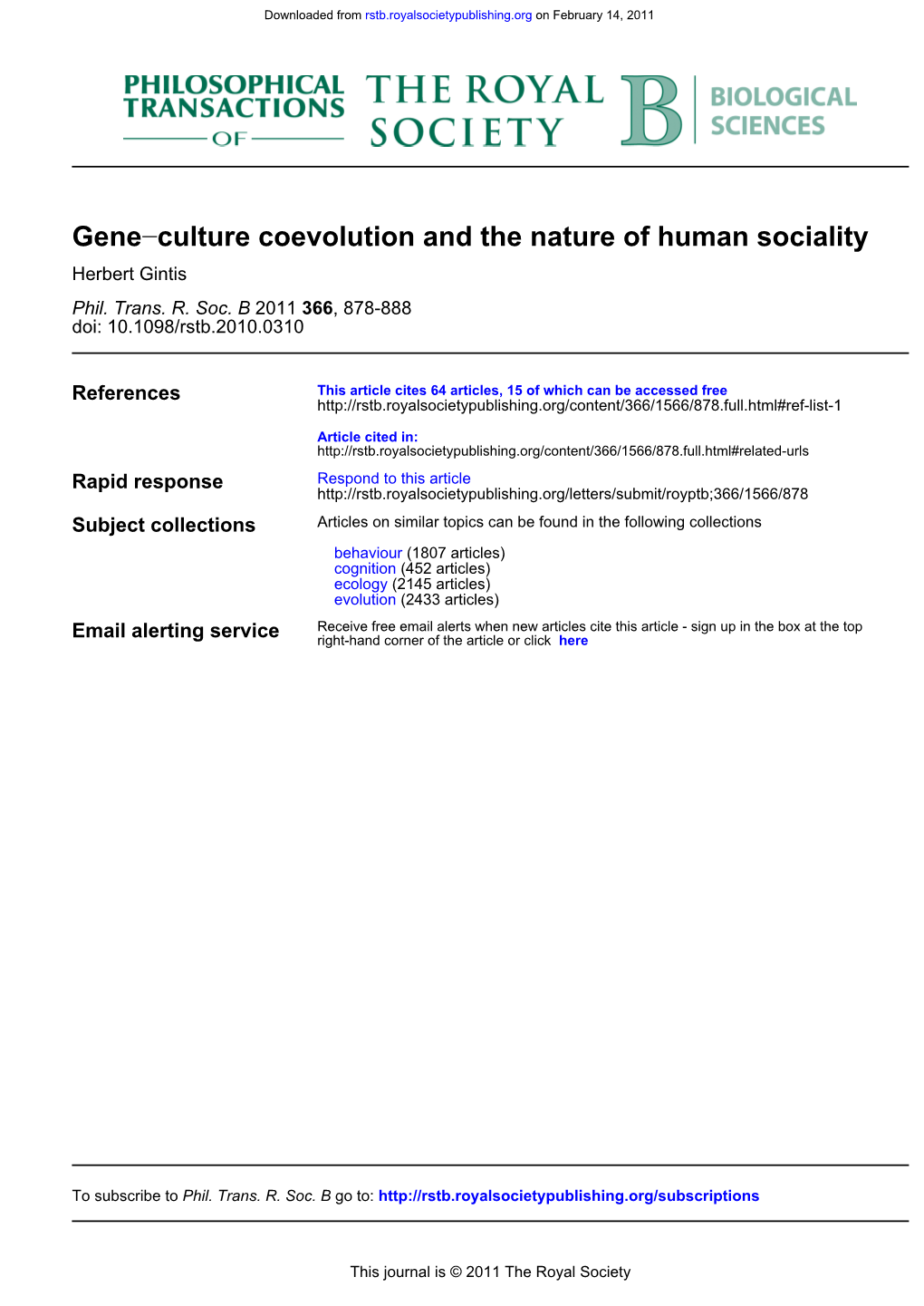 Culture Coevolution and the Nature of Human Sociality − Gene